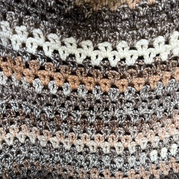 Vintage Hand-Crocheted Fringe Poncho – Neutral Stripes - Picture 2 of 3